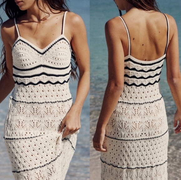 Zara Boho Crochet Open Knit Strappy Beach Maxi Dress Cream with Black Trim Large - Picture 2 of 11